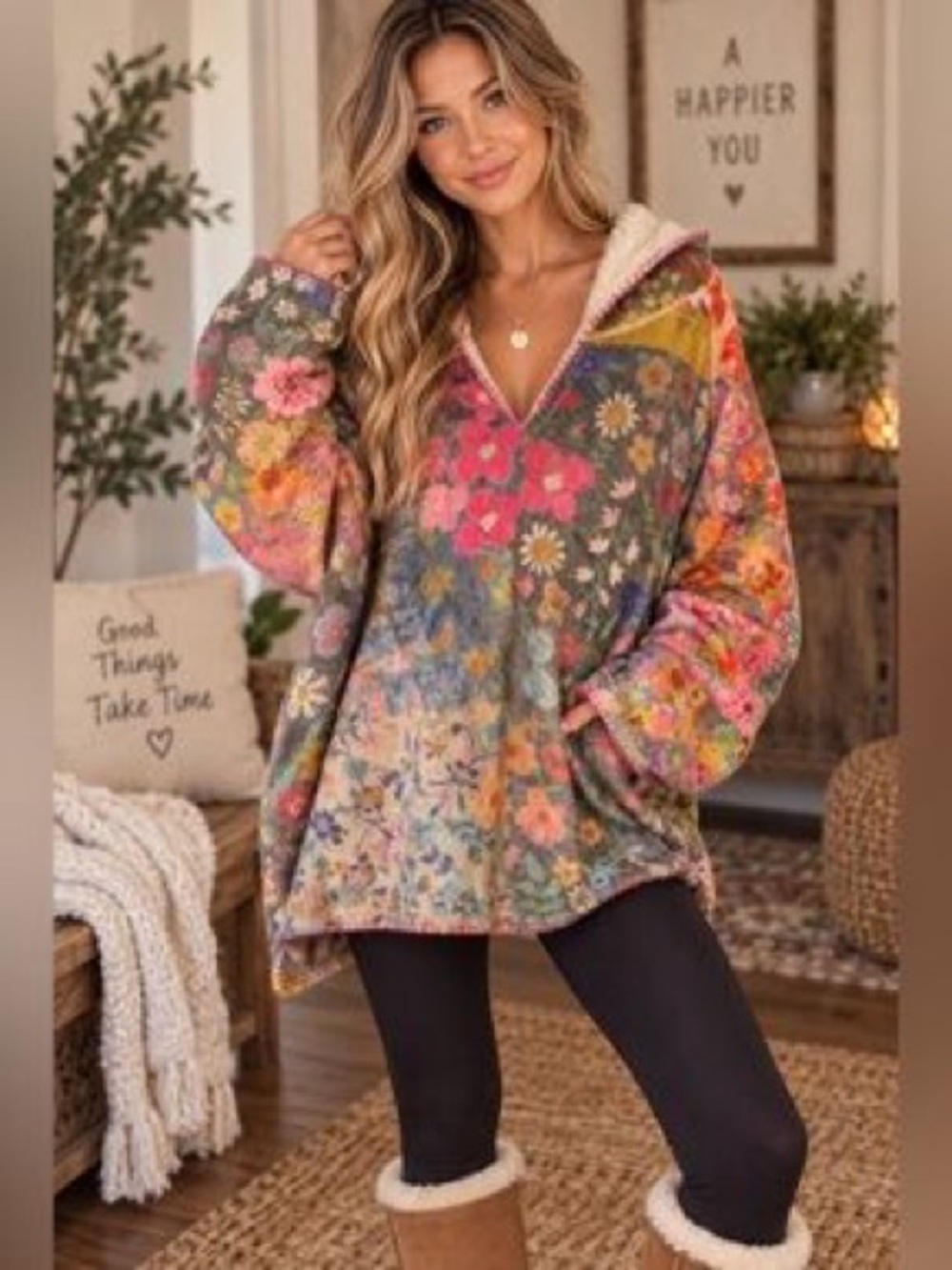 Cozy Floral Sherpa Hoodie Pullover - Multicolor